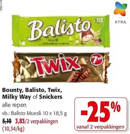 Colruyt Bounty, Balisto, Twix, Milky Way of Snickers aanbieding