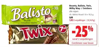 Colruyt Bounty, Balisto, Twix, Milky Way of Snickers aanbieding