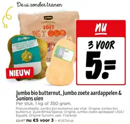 Jumbo Jumbo bio butternut, Jumbo zoete aardappelen & Sunions uien aanbieding