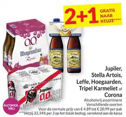 Intermarché Jupiler, Stella Artois, Leffe, Hoegaarden, Tripel Karmeliet of Corona aanbieding