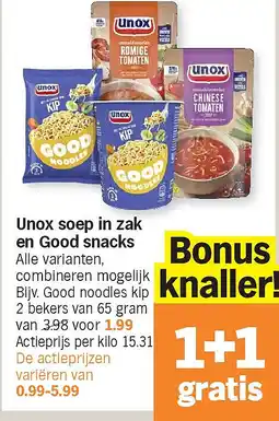 Albert Heijn Unox soep in zak en Good snacks aanbieding