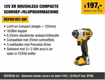 DeWALT 12V XR Brushless Compacte Schroef-/Klopboormachine aanbieding