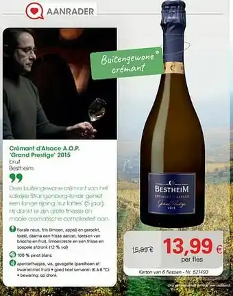 Colruyt Crémant d’alsace a.o.p. grand prestige 2015 brut bestheim aanbieding