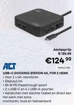 CompuDeals ACT USB-C Docking Station 4K, for 2 HDMI aanbieding