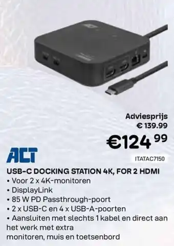 ACT USB-C Docking Station 4K, for 2 HDMI
