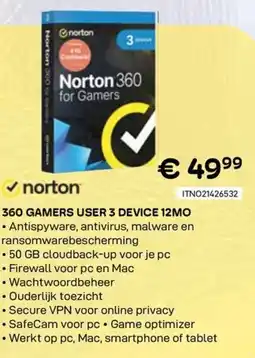 CompuDeals Norton 360 gamers user 3 device 12mo aanbieding