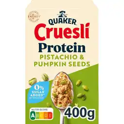 Albert Heijn Quaker Cruesli proteine pistachio pumpkin seeds aanbieding