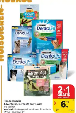 Carrefour Hondensnacks Adventuros, Dentalife en Friskies aanbieding