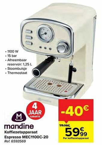 Carrefour Mandine koffiezetapparaat espresso mec1100c-20 aanbieding
