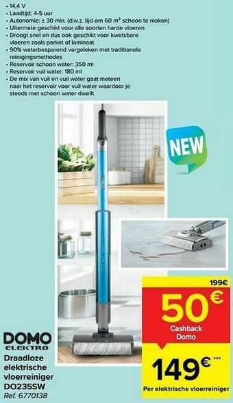 Carrefour Domo elektro draadloze elektrische vloerreiniger do235sw aanbieding