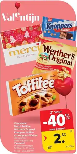 Carrefour Chocolade Merci, Toffifee, Werther's Original, Knoppers NutBar en Knoppers Wafers aanbieding