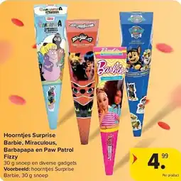 Carrefour Hoorntjes Surprise Barbie, Miraculous, Barbapapa en Paw Patrol Fizzy aanbieding