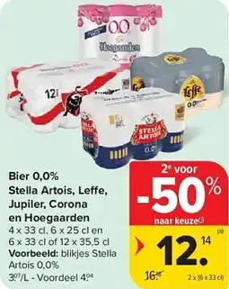 Carrefour Bier 0,0% Stella Artois, Leffe, Jupiler, Corona en Hoegaarden aanbieding
