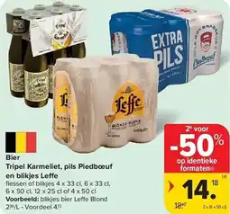 Carrefour Bier Tripel Karmeliet, pils Piedboeuf en blikjes Leffe aanbieding