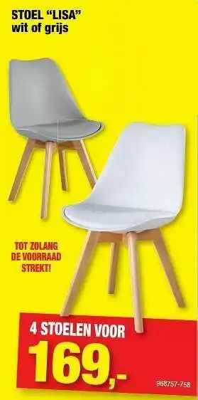 Hubo Stoel lisa wit of grijs 4 STOELEN aanbieding