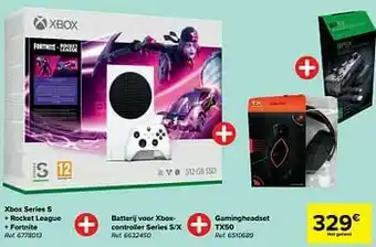 Carrefour Xbox series s + rocket league + fortnite + batterij voor xboxcontroller series s-x + gamingheadset tx50 aanbieding