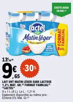E.Leclerc Lait uht matin léger sans lactose 1,2% mat. gr. format familial lactel aanbieding