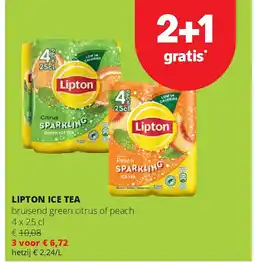 Spar LIPTON ICE TEA bruisend green citrus of peach 4 x 25 cl aanbieding