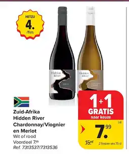 Carrefour Zuid-Afrika Hidden River Chardonnay/Viognier en Merlot aanbieding