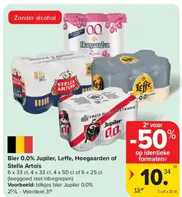 Carrefour Bier 0,0% Jupiler, Leffe, Hoegaarden of Stella Artois aanbieding