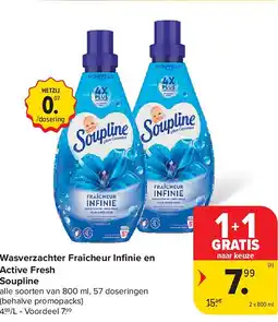 Carrefour Wasverzachter Fraîcheur Infi nie en Active Fresh Soupline aanbieding