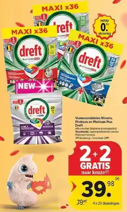 Carrefour Vaatwasmiddelen Miracle, Platinum en Platinum Plus Dreft aanbieding
