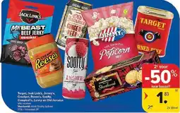 Carrefour Target, Jack Link's, Jimmy's, Crackzel, Recsc's. Soofty, Campbell's, Lenny en Old Jamaica aanbieding