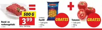 Lidl Rund- en varkensgehakt 500g = fusilli 500g + tomaten 500g aanbieding