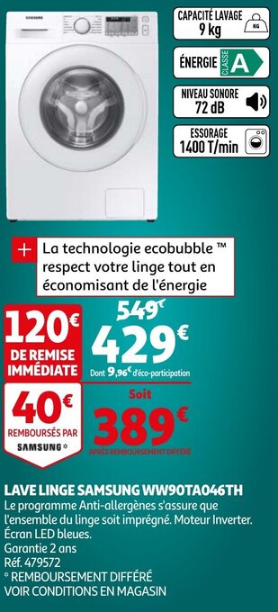 Auchan Lave linge Samsung WW90TA046TH aanbieding