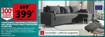 Canape D'Angle Convertible et Reversible Avec Coffre 3 Places Paola Tissu Velours Coloris Gris