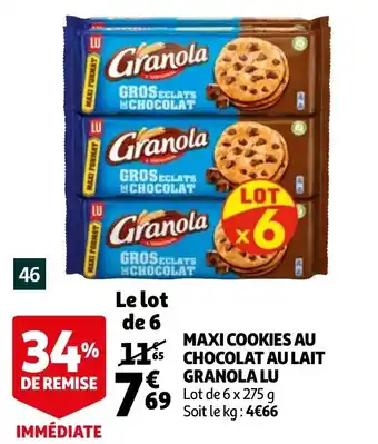 Auchan Maxi Cookies au Chocolat au Lait Granola Lu 6x275g aanbieding