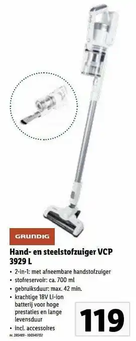 Lidl Grundig hand- en steelstofzuiger vcp 3929 l aanbieding