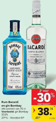 Carrefour Rum Bacardi en gin Bombay aanbieding