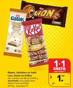Carrefour Repen, tabletten en balls Lion, Galak en KitKat aanbieding