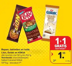 Carrefour Repen, tabletten en balls Lion, Galak en KitKat aanbieding