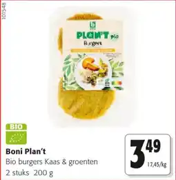 Colruyt Boni plan't bio burgers kaas & groenten aanbieding