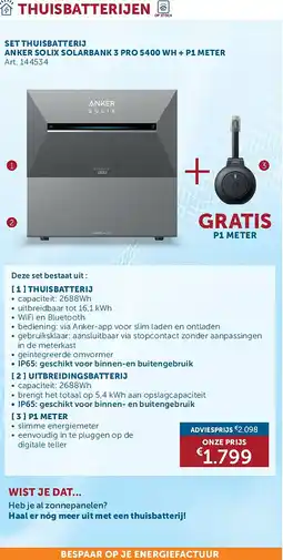 Zelfbouwmarkt SET THUISBATTERIJ ANKER SOLIX SOLARBANK 3 PRO 5400 WH + P1 METER aanbieding