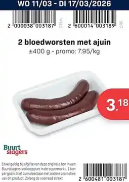 Buurtslagers 2 bloedworsten met ajuin aanbieding