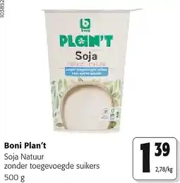 Colruyt Boni Plan't Soja Natuur zonder toegevoegde suikers 500 g aanbieding