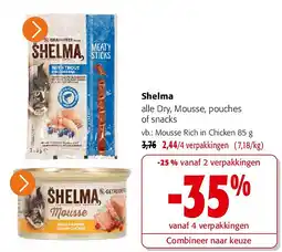 Colruyt Shelma alle Dry, Mousse, pouches of snack aanbieding