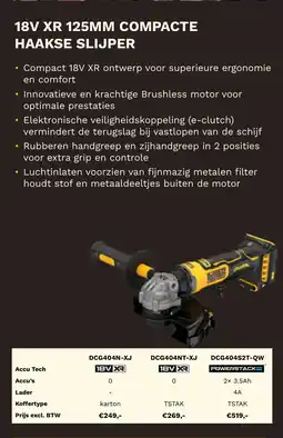 DeWALT 18V XR 125MM compacte haakse slijper DCG404N-XJ aanbieding