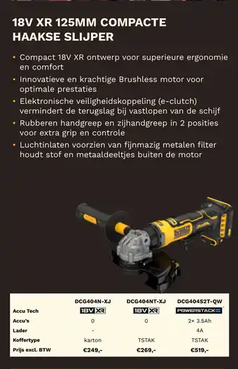 18V XR 125MM compacte haakse slijper DCG404N-XJ