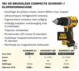 DeWALT 18V XR brushless compacte schroef klopboormachine DCD805NT-XJ aanbieding