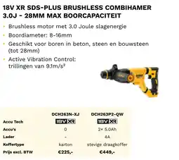 DeWALT 18V XR SDS-plus brushless combihamer 3.0j 28mm max boorcapaciteit DCH263N-XJ aanbieding