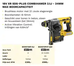 DeWALT 18V XR SDS-plus combihamer 2.1j - 24mm max boorcapaciteit DCH273NT-XJ aanbieding