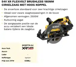 DeWALT 54V XR Flexvolt brushless 190mm cirkelzaag met hoog koppel DCS577N-XJ aanbieding