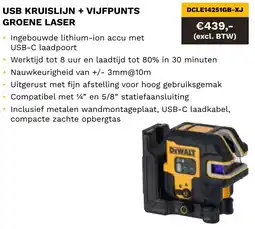 DeWALT Usb kruislijn + vijfpunts groene laser DCLE14251GB-XJ aanbieding