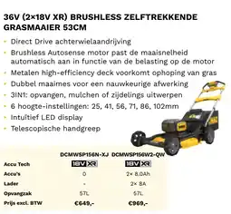 DeWALT 36V 2×18V XR brushless zelftrekkende grasmaaier 53CM DCMWSP156N-XJ aanbieding