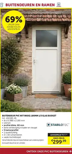 Zelfbouwmarkt BUITENDEUR PVC WIT 980X2.180MM 1/3 GLAS BUDGET aanbieding
