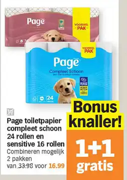 Albert Heijn Page toiletpapier Compleet Schoon 24 rollen en sensitive 16 rollen aanbieding